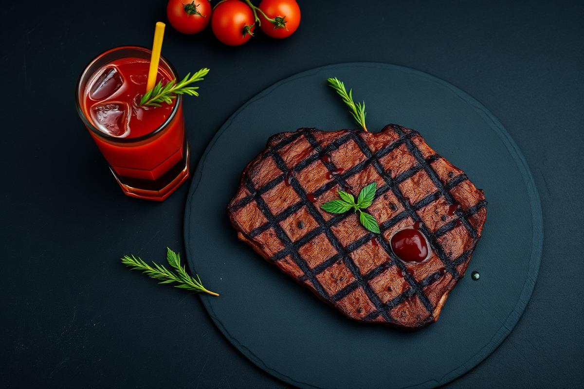 Grilled steak and a Bloody Mary seasoned with Worcestershire sauce